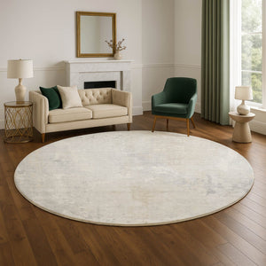 HomeRoots 8' Ivory and Beige Abstract Round Rug – Washable, UV Protected, Durable Design for Modern Spaces 705392