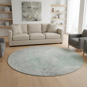 HomeRoots 8' Mint Green and Ivory Abstract Round Rug - Washable, UV-Protected, Stain-Resistant, Durable Design 705398