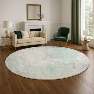 HomeRoots 8' Mint Green and Ivory Abstract Round Rug - Washable, UV-Protected, Stain-Resistant, Durable Design 705398