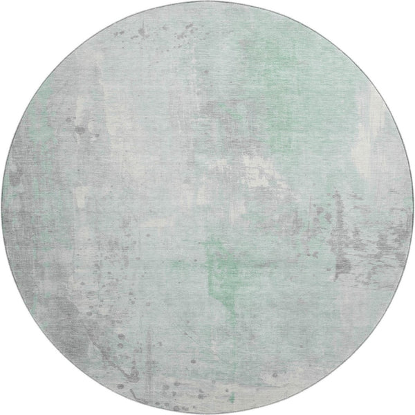 HomeRoots 8' Mint Green and Ivory Abstract Round Rug - Washable, UV-Protected, Stain-Resistant, Durable Design 705398