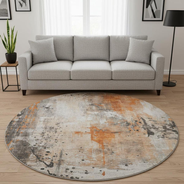 HomeRoots 8' Stylish Abstract Washable Round Rug in Orange, Gray & Ivory - UV Protected, Stain Resistant, Durable 705404