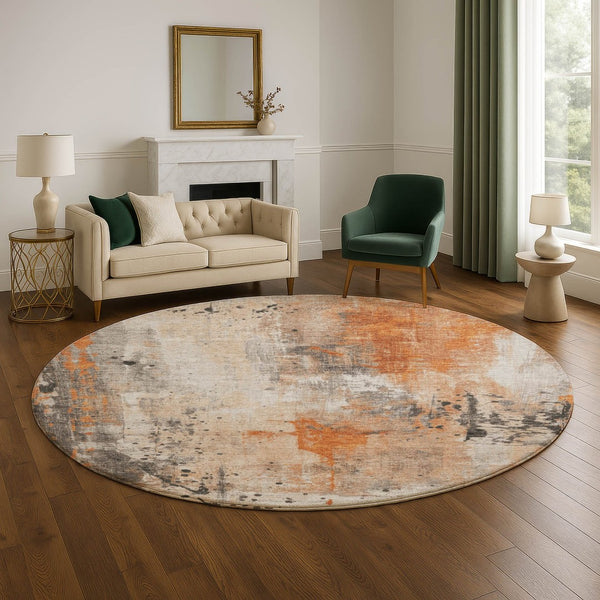 HomeRoots 8' Stylish Abstract Washable Round Rug in Orange, Gray & Ivory - UV Protected, Stain Resistant, Durable 705404