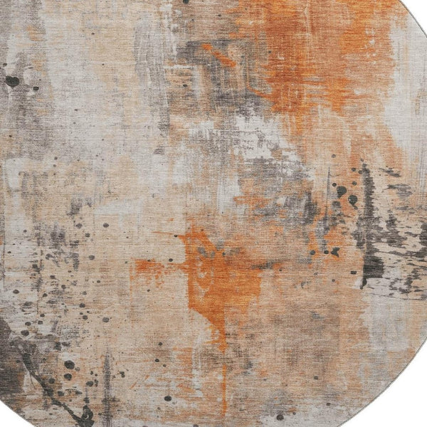 HomeRoots 8' Stylish Abstract Washable Round Rug in Orange, Gray & Ivory - UV Protected, Stain Resistant, Durable 705404