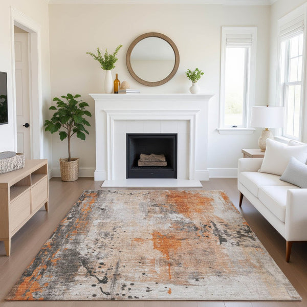 HomeRoots 8' X 10' Vibrant Orange Gray Ivory Abstract Area Rug - Washable, UV Protected, Durable & Stylish Design 705405