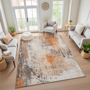 HomeRoots 8' X 10' Vibrant Orange Gray Ivory Abstract Area Rug - Washable, UV Protected, Durable & Stylish Design 705405