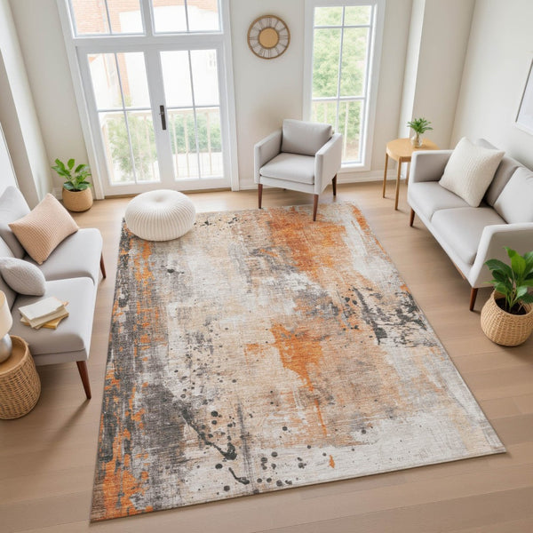 HomeRoots 8' X 10' Vibrant Orange Gray Ivory Abstract Area Rug - Washable, UV Protected, Durable & Stylish Design 705405