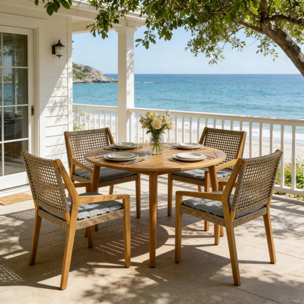 English Elm Modern Acacia Wood Round Patio Dining Set with Wicker Armchairs and Uv Resistant Cushions N770PS597R119