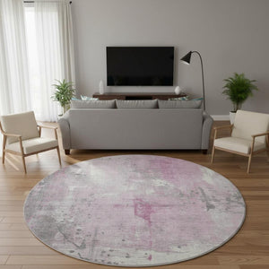 HomeRoots 8' Pink And Ivory Abstract Washable Round Rug - Durable, Stain-Resistant, UV Protected & Non-Slip! 705410
