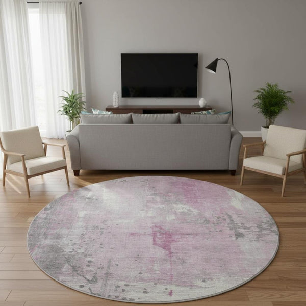 HomeRoots 8' Pink And Ivory Abstract Washable Round Rug - Durable, Stain-Resistant, UV Protected & Non-Slip! 705410