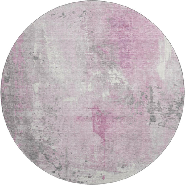 HomeRoots 8' Pink And Ivory Abstract Washable Round Rug - Durable, Stain-Resistant, UV Protected & Non-Slip! 705410