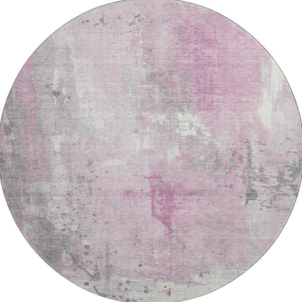 HomeRoots 8' Pink And Ivory Abstract Washable Round Rug - Durable, Stain-Resistant, UV Protected & Non-Slip! 705410