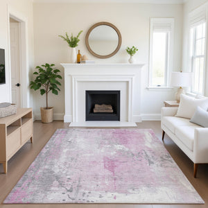 HomeRoots 10' X 14' Pink and Ivory Abstract Washable Area Rug – Stylish, Durable, UV-Protected for Busy Homes 705413