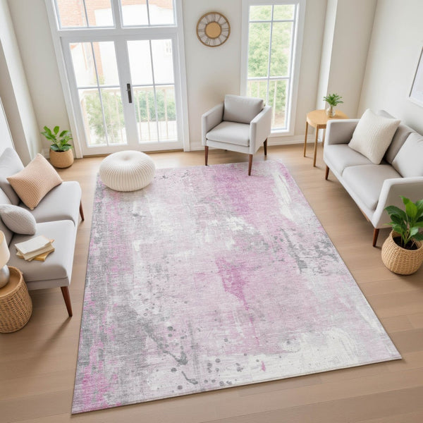 HomeRoots 10' X 14' Pink and Ivory Abstract Washable Area Rug – Stylish, Durable, UV-Protected for Busy Homes 705413