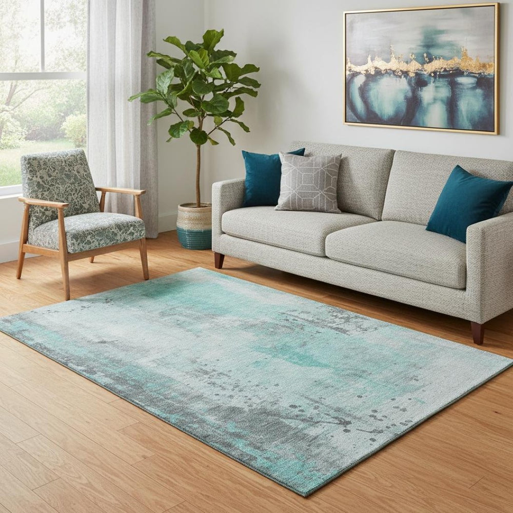 HomeRoots 5' X 8' Teal Gray Ivory Abstract Area Rug - Washable, UV Protected, Ideal for Modern Living Spaces 705415