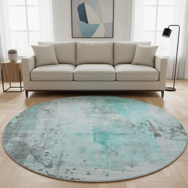 HomeRoots 8' Teal Gray And Ivory Abstract Washable Round Rug - Durable, UV-Resistant, Family-Friendly Design! 705416