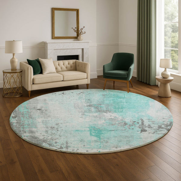 HomeRoots 8' Teal Gray And Ivory Abstract Washable Round Rug - Durable, UV-Resistant, Family-Friendly Design! 705416