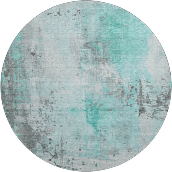 HomeRoots 8' Teal Gray And Ivory Abstract Washable Round Rug - Durable, UV-Resistant, Family-Friendly Design! 705416