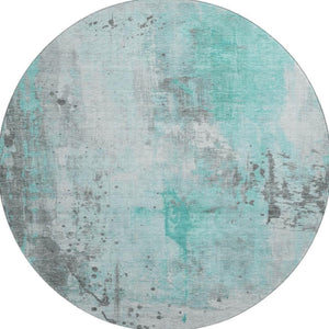 HomeRoots 8' Teal Gray And Ivory Abstract Washable Round Rug - Durable, UV-Resistant, Family-Friendly Design! 705416