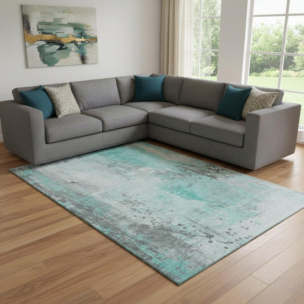 HomeRoots 8' X 10' Teal Gray Ivory Abstract Area Rug - Washable, UV Protected, Stylish & Durable for Busy Homes 705417