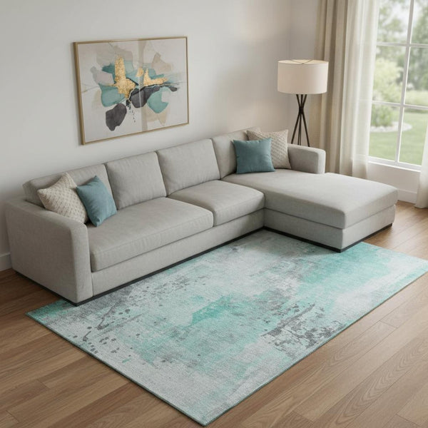 HomeRoots 9' X 12' Teal Gray Ivory Abstract Washable Area Rug - Stylish, Durable, UV Protected for Homes 705418