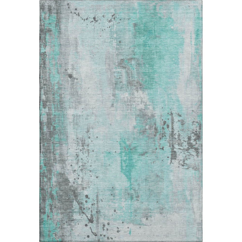 HomeRoots 9' X 12' Teal Gray Ivory Abstract Washable Area Rug - Stylish, Durable, UV Protected for Homes 705418