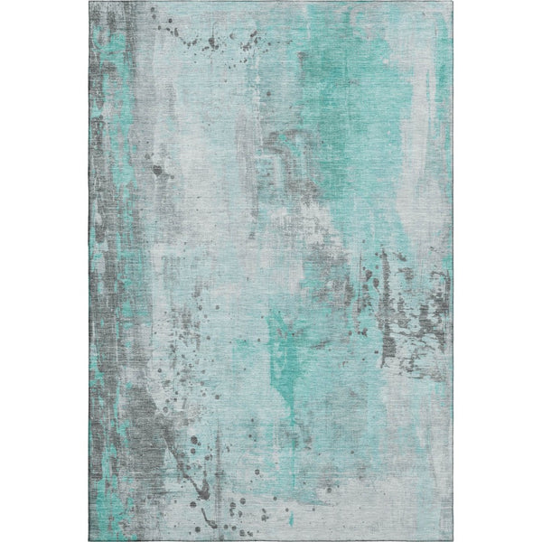 HomeRoots 9' X 12' Teal Gray Ivory Abstract Washable Area Rug - Stylish, Durable, UV Protected for Homes 705418
