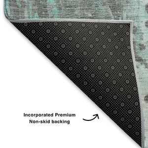 HomeRoots 9' X 12' Teal Gray Ivory Abstract Washable Area Rug - Stylish, Durable, UV Protected for Homes 705418
