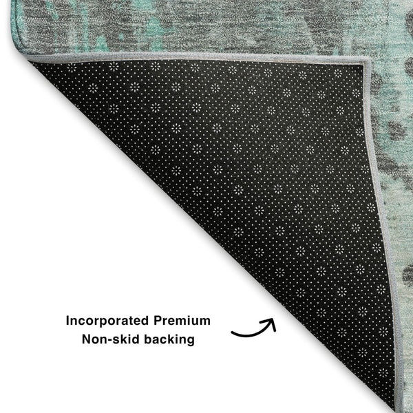 HomeRoots 9' X 12' Teal Gray Ivory Abstract Washable Area Rug - Stylish, Durable, UV Protected for Homes 705418