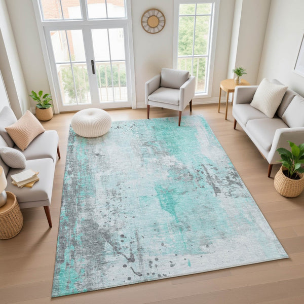 HomeRoots 9' X 12' Teal Gray Ivory Abstract Washable Area Rug - Stylish, Durable, UV Protected for Homes 705418