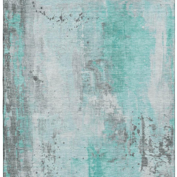 HomeRoots 9' X 12' Teal Gray Ivory Abstract Washable Area Rug - Stylish, Durable, UV Protected for Homes 705418