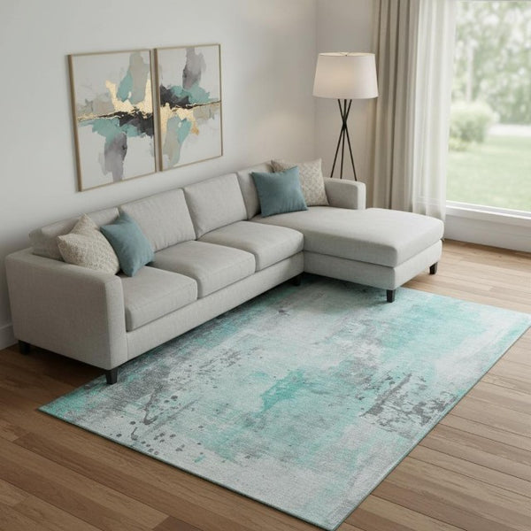 HomeRoots 10' Teal Gray & Ivory Abstract Washable Area Rug – Durable, Stain-Resistant, UV-Protected Design! 705419
