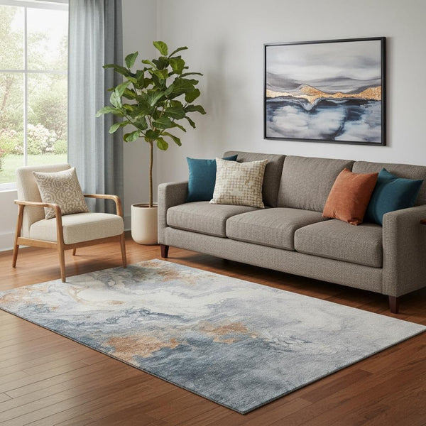 HomeRoots 5' X 8' Gray Copper Ivory Abstract Area Rug – Washable, UV Protected, Durable for High-Traffic Homes 705421