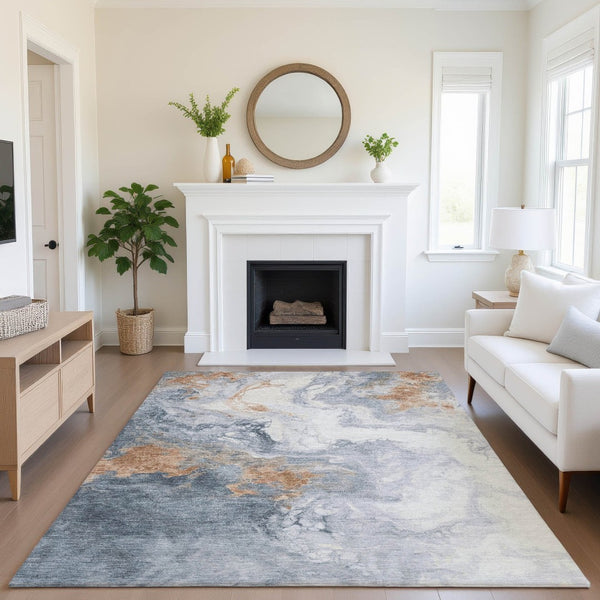 HomeRoots 5' X 8' Gray Copper Ivory Abstract Area Rug – Washable, UV Protected, Durable for High-Traffic Homes 705421