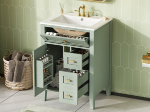 English Elm "24'' 24 Inch Glossy Freestanding Bathroom Vanity with Gold Hardware and Soft Close Storage Green Rubberwood N725P448529F