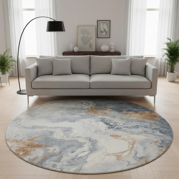 HomeRoots 8' Gray Copper and Ivory Washable Round Rug with UV Protection for Modern Homes - Durable & Stylish 705422
