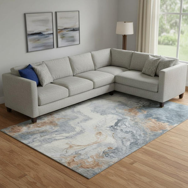 HomeRoots 10' X 14' Gray Copper Ivory Abstract Washable Area Rug – Stain Resistant, UV Protected & Modern Design 705425