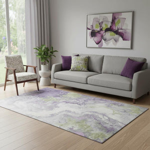 HomeRoots 5' X 8' Modern Lavender Green Ivory Abstract Area Rug - Durable, Washable, UV Protected & Stylish! 705427