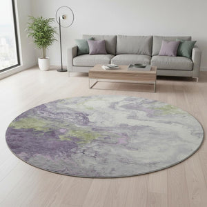 HomeRoots 8' Modern Abstract Washable Round Rug in Lavender Green & Ivory - UV Resistant & Easy Care! 705428