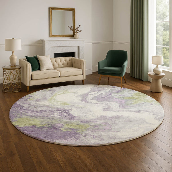 HomeRoots 8' Modern Abstract Washable Round Rug in Lavender Green & Ivory - UV Resistant & Easy Care! 705428