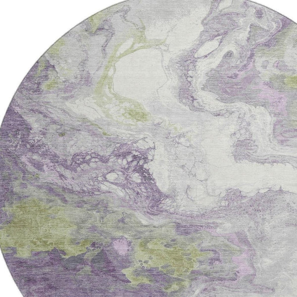 HomeRoots 8' Modern Abstract Washable Round Rug in Lavender Green & Ivory - UV Resistant & Easy Care! 705428