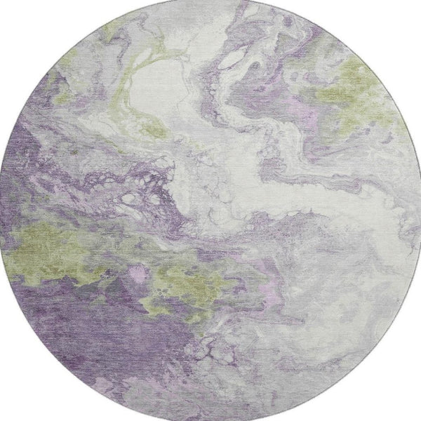 HomeRoots 8' Modern Abstract Washable Round Rug in Lavender Green & Ivory - UV Resistant & Easy Care! 705428