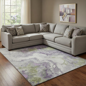 HomeRoots 8' X 10' Modern Abstract Lavender Green and Ivory Washable Area Rug with UV Protection & Durability 705429