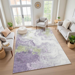 HomeRoots 8' X 10' Modern Abstract Lavender Green and Ivory Washable Area Rug with UV Protection & Durability 705429
