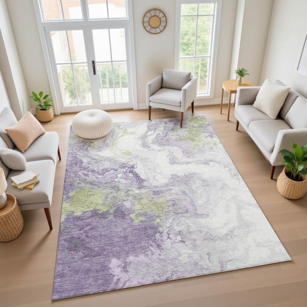 HomeRoots 8' X 10' Modern Abstract Lavender Green and Ivory Washable Area Rug with UV Protection & Durability 705429