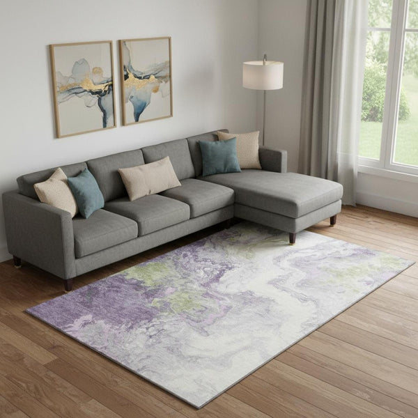 HomeRoots 9' X 12' Modern Abstract Lavender Green & Ivory Washable Area Rug with UV Protection & Stain Resistance 705430