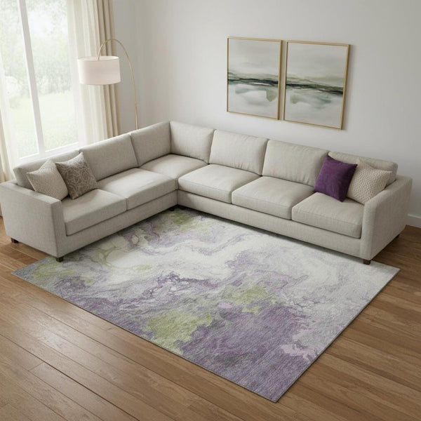 HomeRoots 10' Contemporary Lavender Green & Ivory Abstract Area Rug - Washable, UV Protected, Durable Design 705431