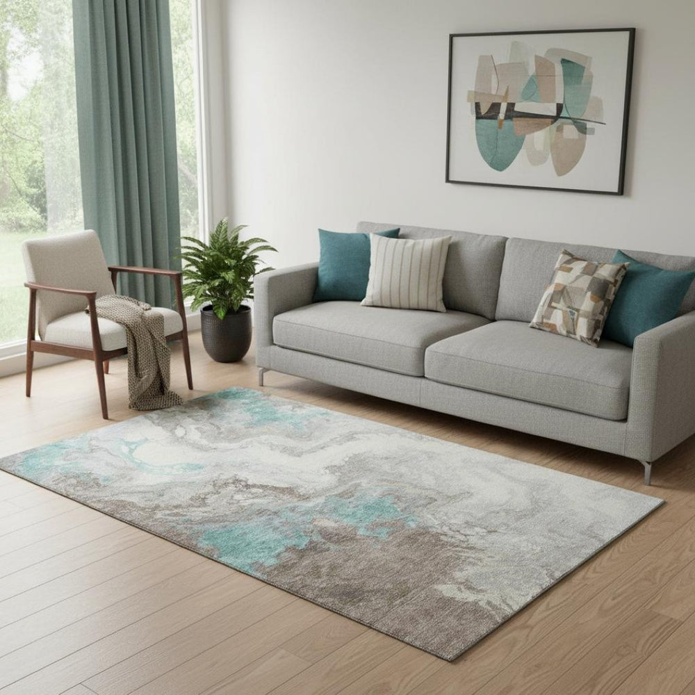 HomeRoots 5' X 8' Abstract Teal Taupe Ivory Area Rug – Washable, Stain Resistant, UV Protected for Busy Homes! 705433