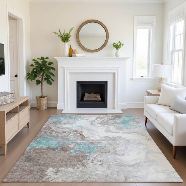 HomeRoots 5' X 8' Abstract Teal Taupe Ivory Area Rug – Washable, Stain Resistant, UV Protected for Busy Homes! 705433