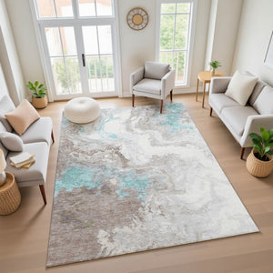 HomeRoots 5' X 8' Abstract Teal Taupe Ivory Area Rug – Washable, Stain Resistant, UV Protected for Busy Homes! 705433