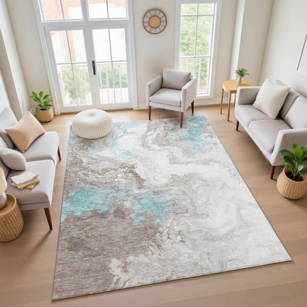 HomeRoots 5' X 8' Abstract Teal Taupe Ivory Area Rug – Washable, Stain Resistant, UV Protected for Busy Homes! 705433